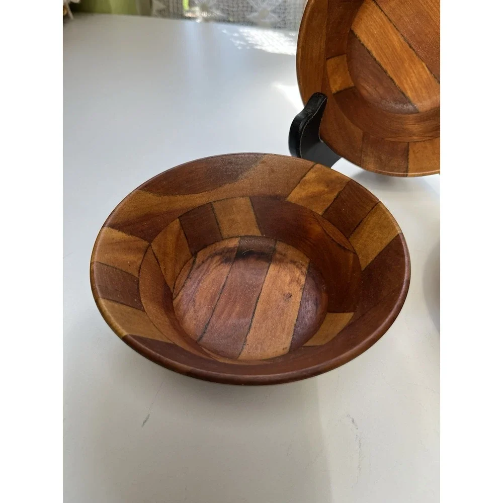 Vtg MCM Segmented Artisan Made Wood Bowl Bullseye Mark Patent Japan 6